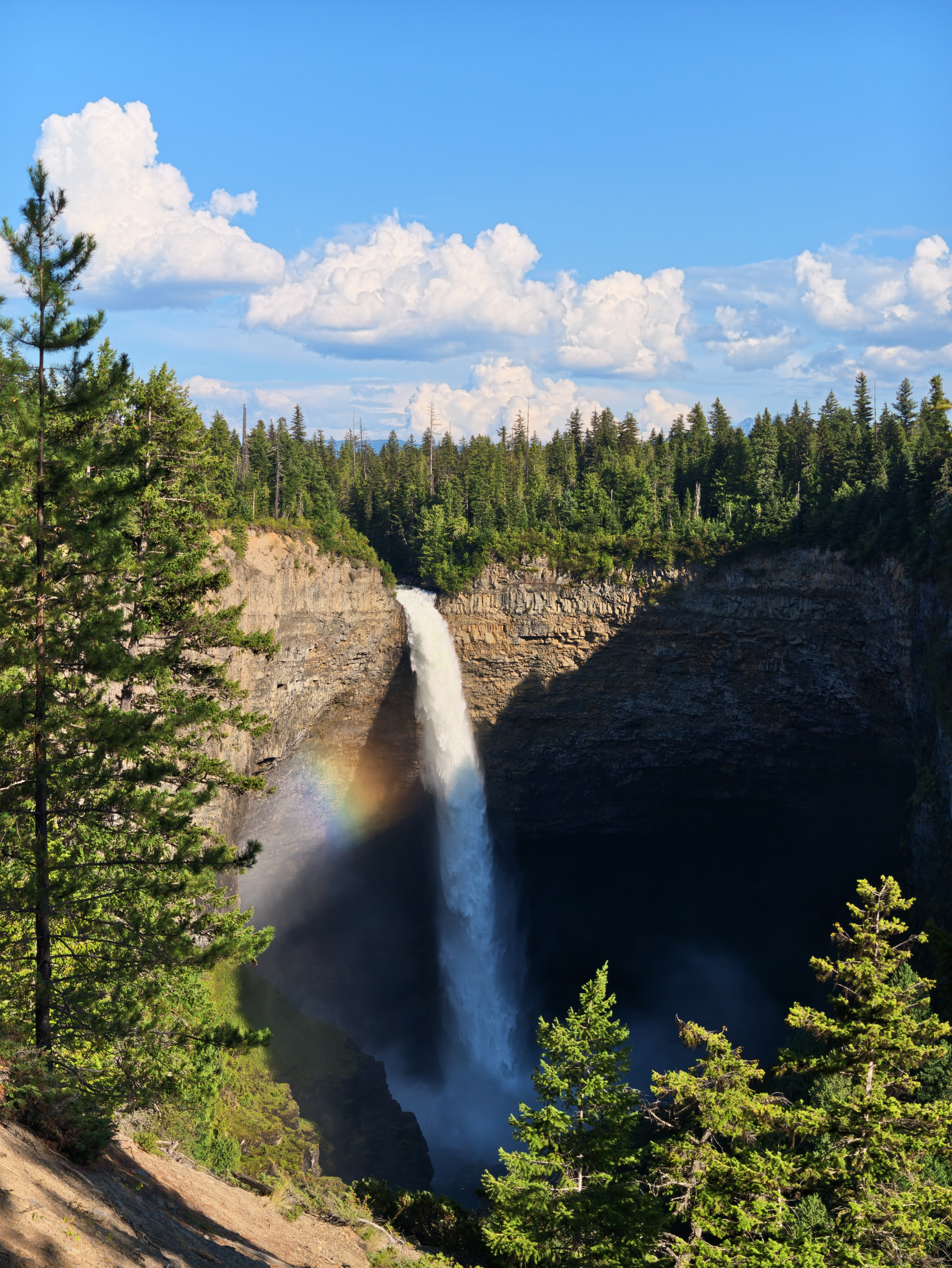 Helmcken Falls fällt zwischen bewaldeten Felswänden in einen tiefen Canyon, mit einem Regenbogen in der Gischt