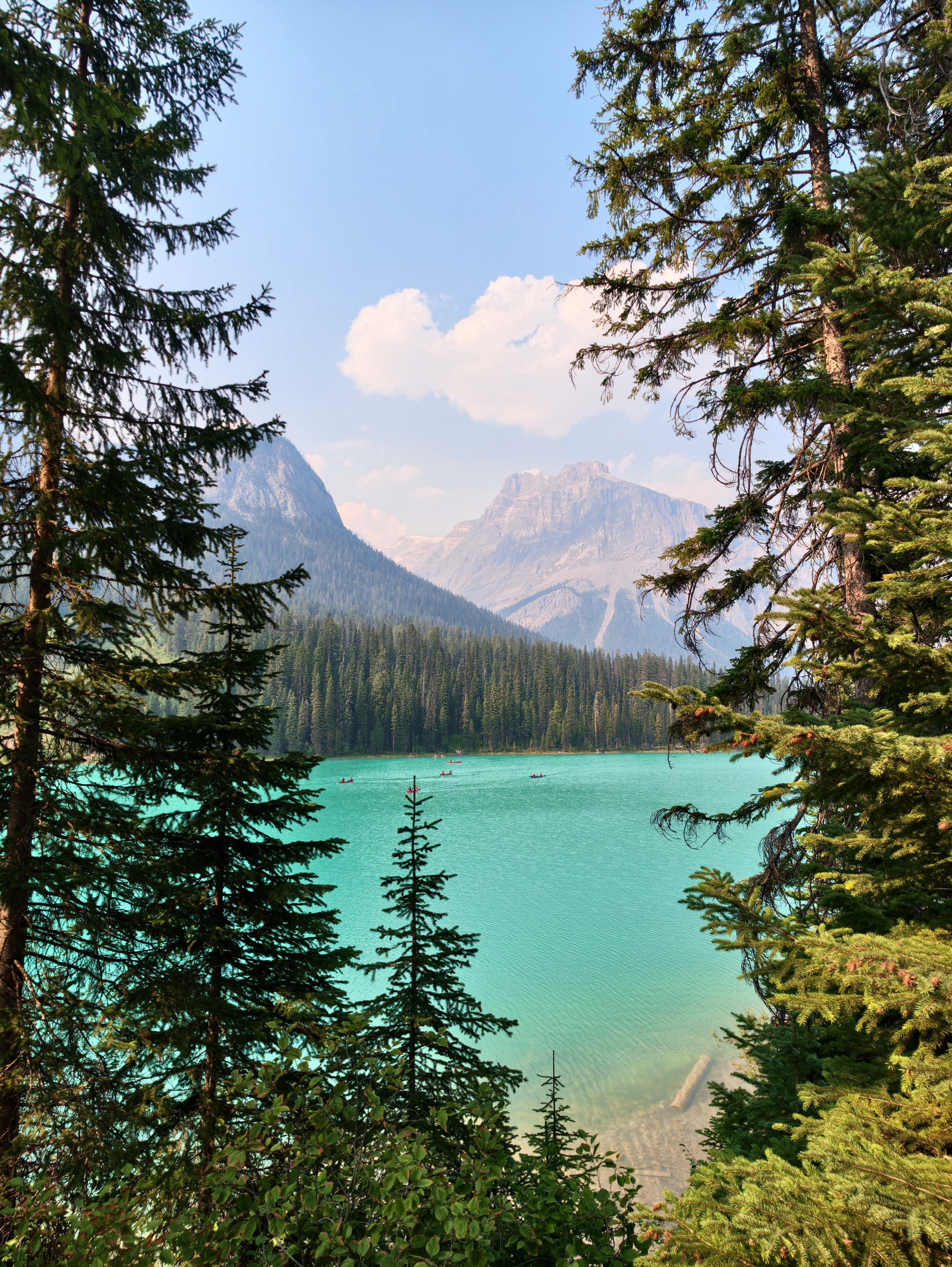 Emerald Lake mit Kanus, Nadelwald und rauchverhangenen Bergen
