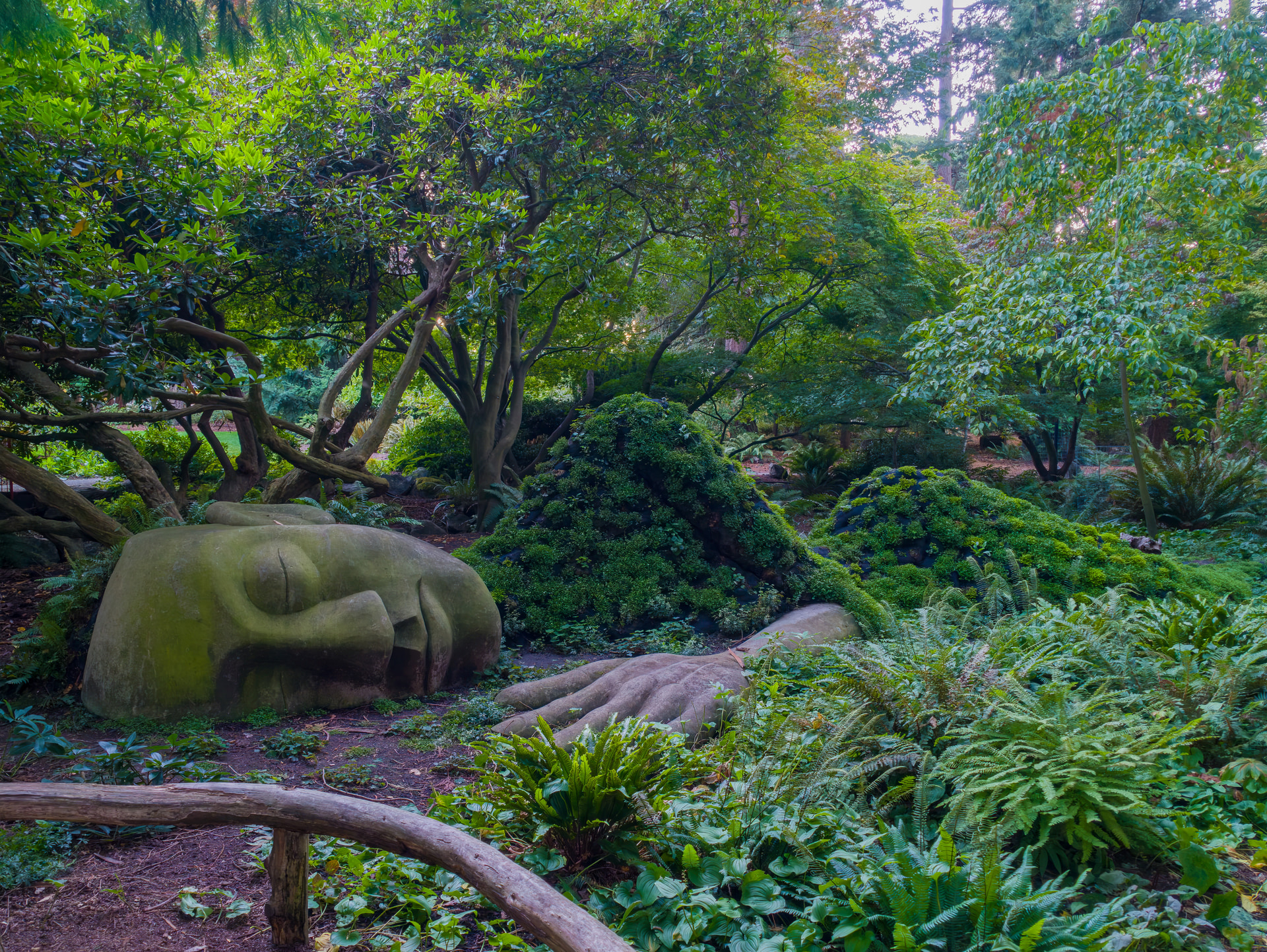 Liegende Pflanzenskulptur The Moss Lady zwischen Farnen und dichtem Grün