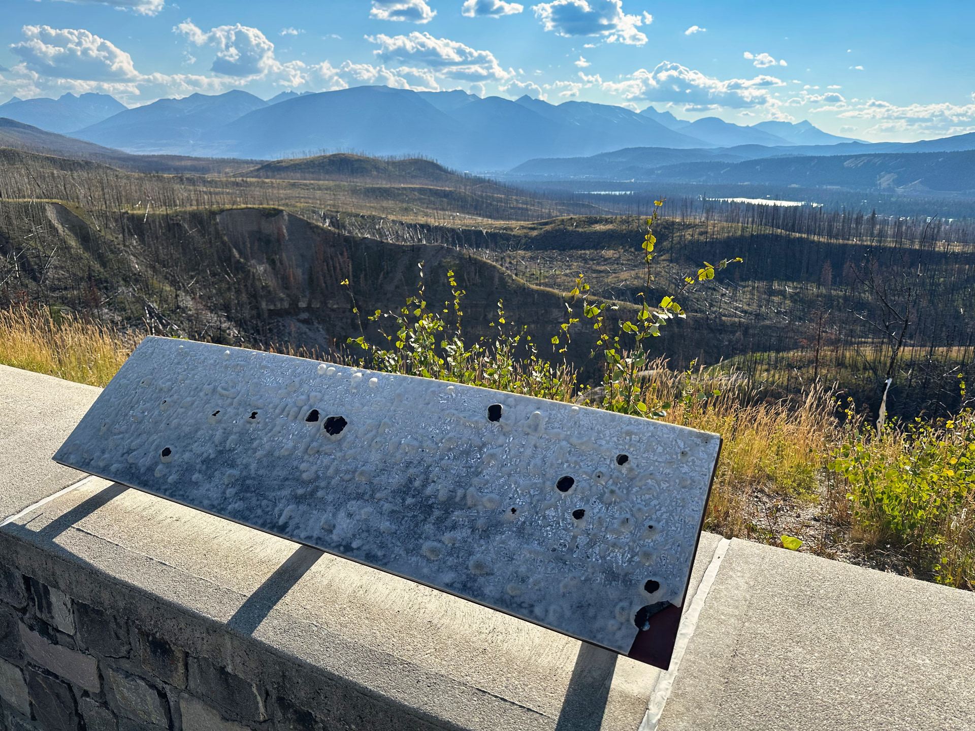 Verbrannte Infotafel am Maligne Lookout vor kahlen Waldbrandflächen und der Maligne Range